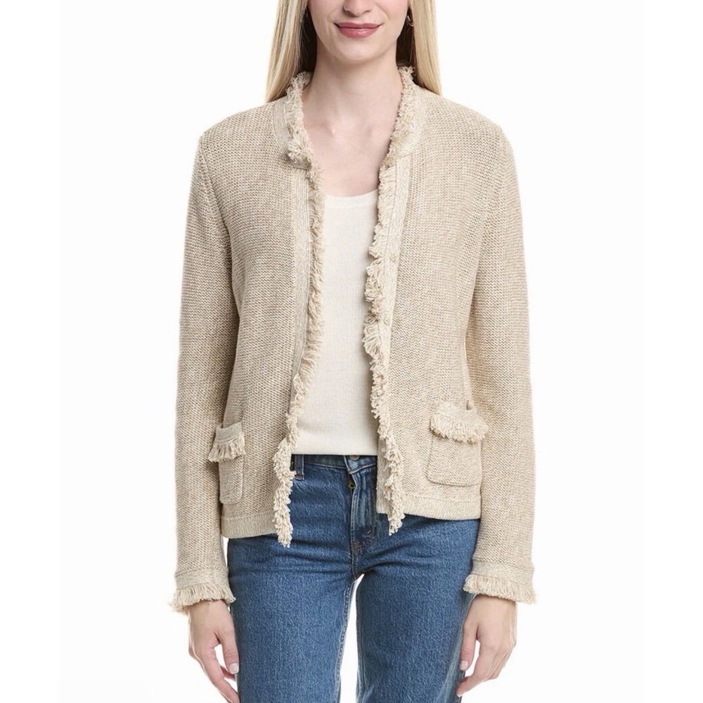J.McLaughlin Beige Marled Cotton Fringe Simone Cardigan Sweater Tweed XS Knit